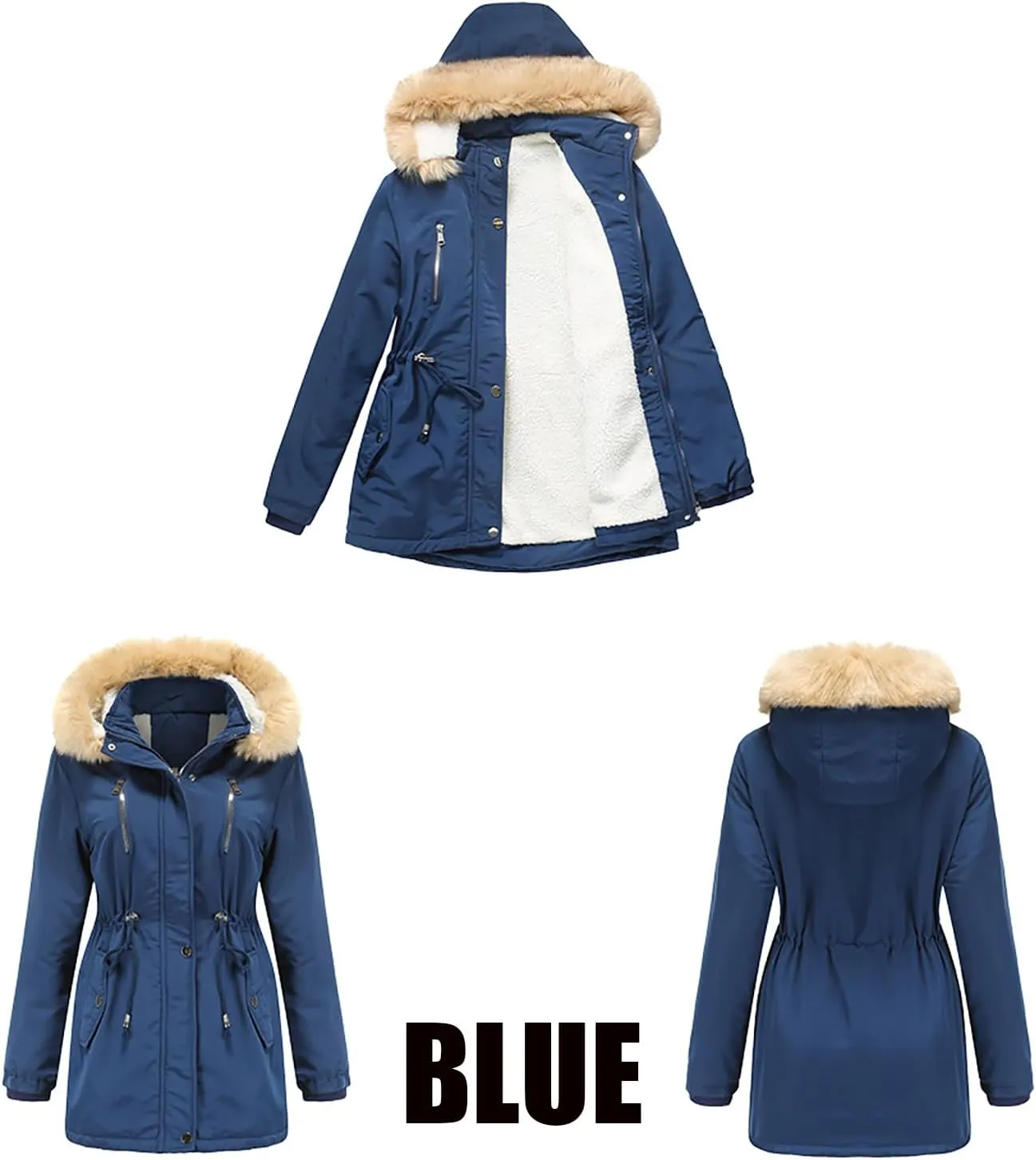 Women's Thicken Fur Lined Warm Winter Coat,Fashion Removable Hood Plus Size Mid Length Jackets Coat with Pockets