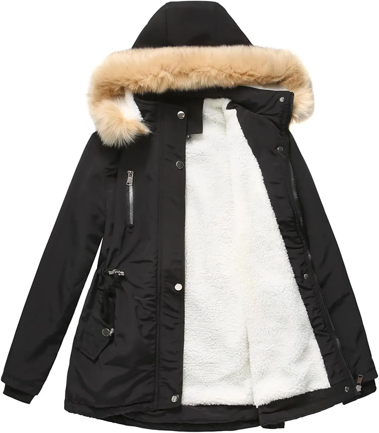 Women's Thicken Fur Lined Warm Winter Coat,Fashion Removable Hood Plus Size Mid Length Jackets Coat with Pockets