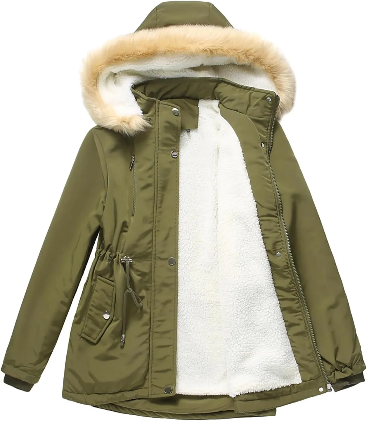 Women's Thicken Fur Lined Warm Winter Coat,Fashion Removable Hood Plus Size Mid Length Jackets Coat with Pockets