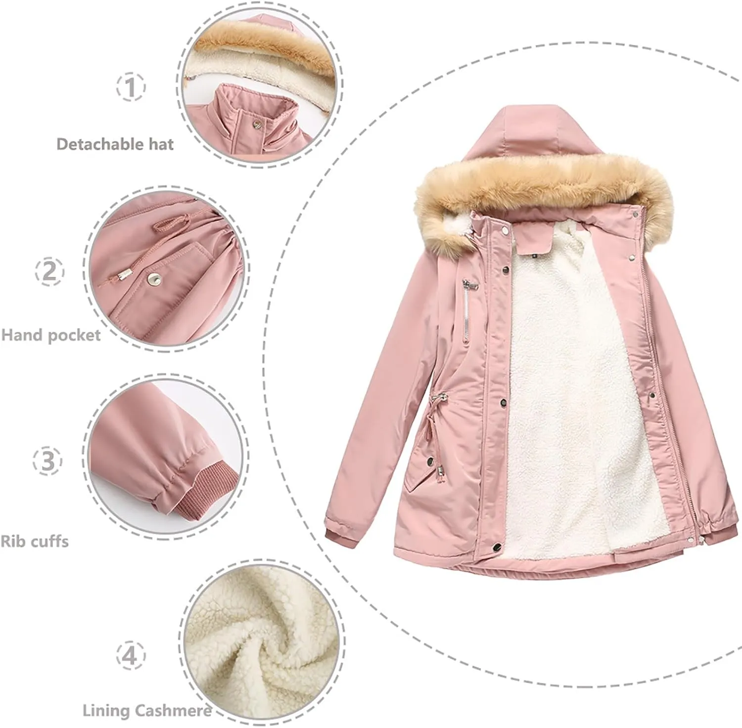 Women's Thicken Fur Lined Warm Winter Coat,Fashion Removable Hood Plus Size Mid Length Jackets Coat with Pockets