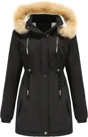 Women's Thicken Fur Lined Warm Winter Coat,Fashion Removable Hood Plus Size Mid Length Jackets Coat with Pockets