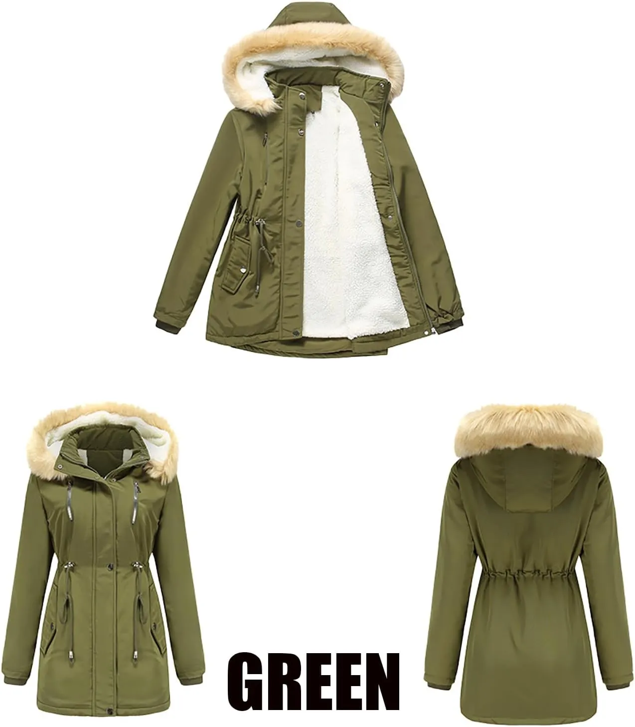 Women's Thicken Fur Lined Warm Winter Coat,Fashion Removable Hood Plus Size Mid Length Jackets Coat with Pockets