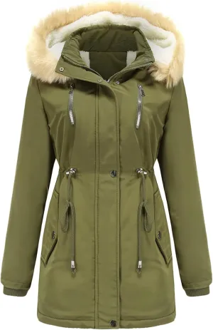 Women's Thicken Fur Lined Warm Winter Coat,Fashion Removable Hood Plus Size Mid Length Jackets Coat with Pockets