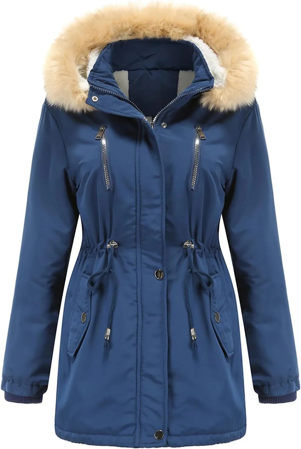 Women's Thicken Fur Lined Warm Winter Coat,Fashion Removable Hood Plus Size Mid Length Jackets Coat with Pockets