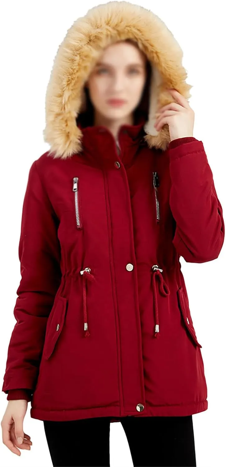 Women's Thicken Fur Lined Warm Winter Coat,Fashion Removable Hood Plus Size Mid Length Jackets Coat with Pockets