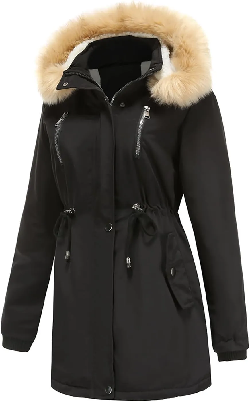 Women's Thicken Fur Lined Warm Winter Coat,Fashion Removable Hood Plus Size Mid Length Jackets Coat with Pockets