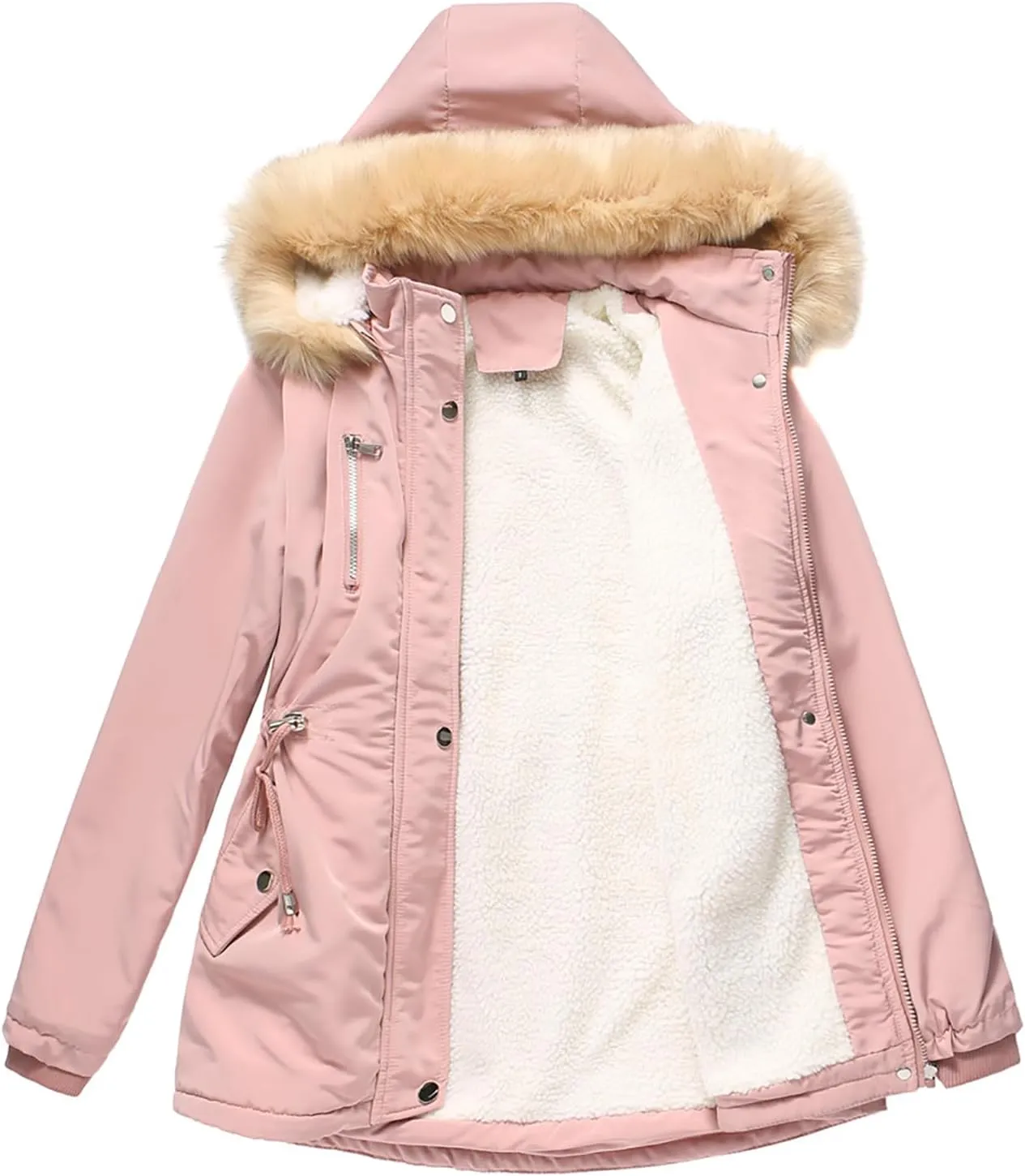 Women's Thicken Fur Lined Warm Winter Coat,Fashion Removable Hood Plus Size Mid Length Jackets Coat with Pockets