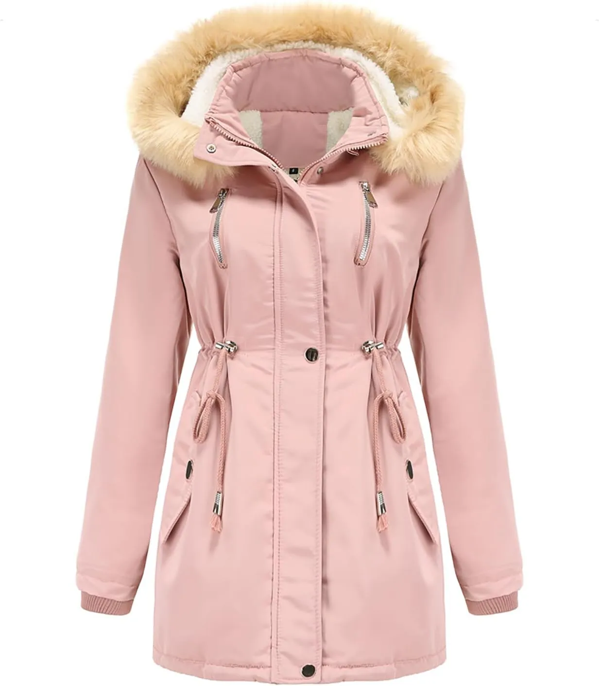 Women's Thicken Fur Lined Warm Winter Coat,Fashion Removable Hood Plus Size Mid Length Jackets Coat with Pockets