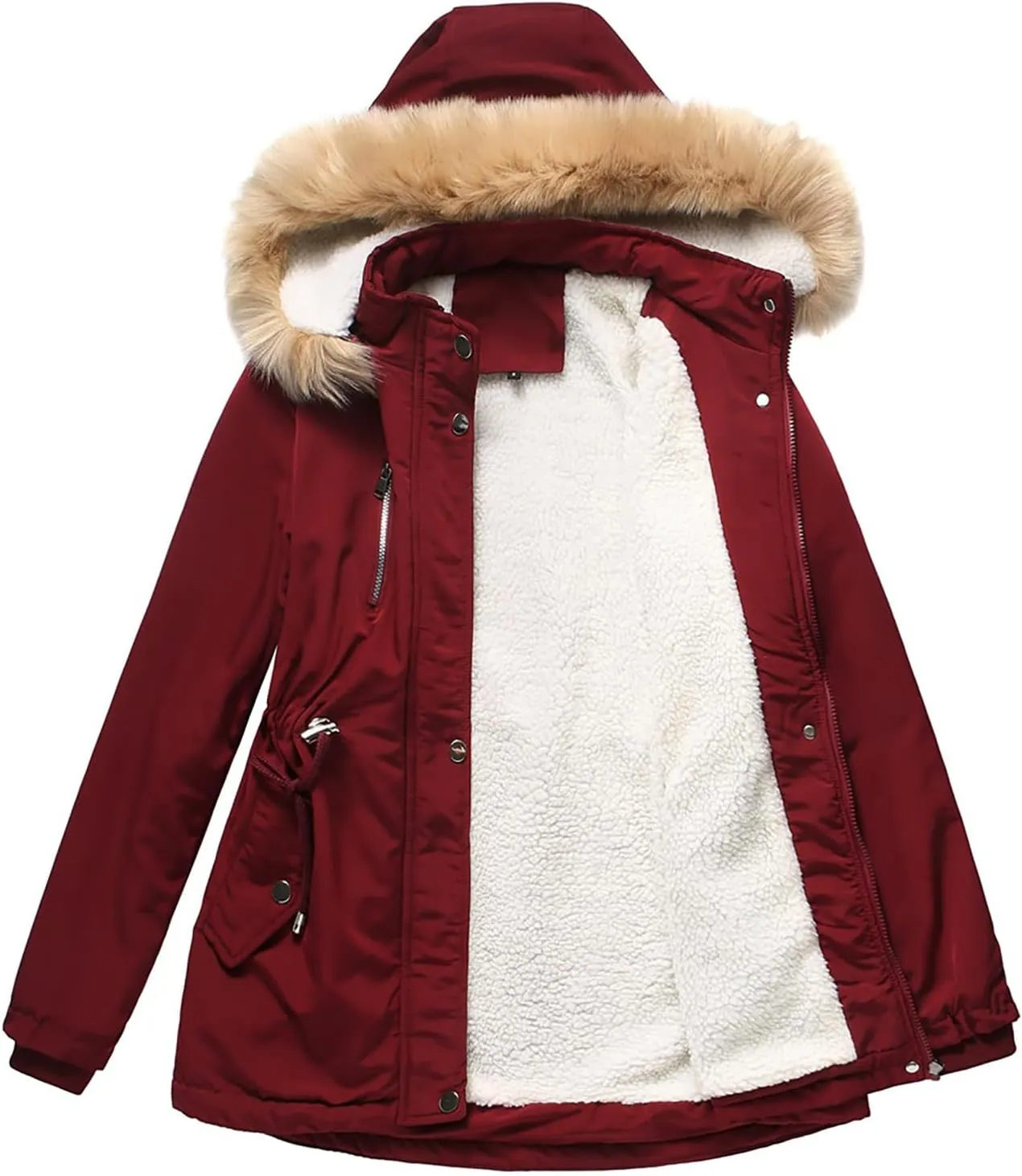 Women's Thicken Fur Lined Warm Winter Coat,Fashion Removable Hood Plus Size Mid Length Jackets Coat with Pockets