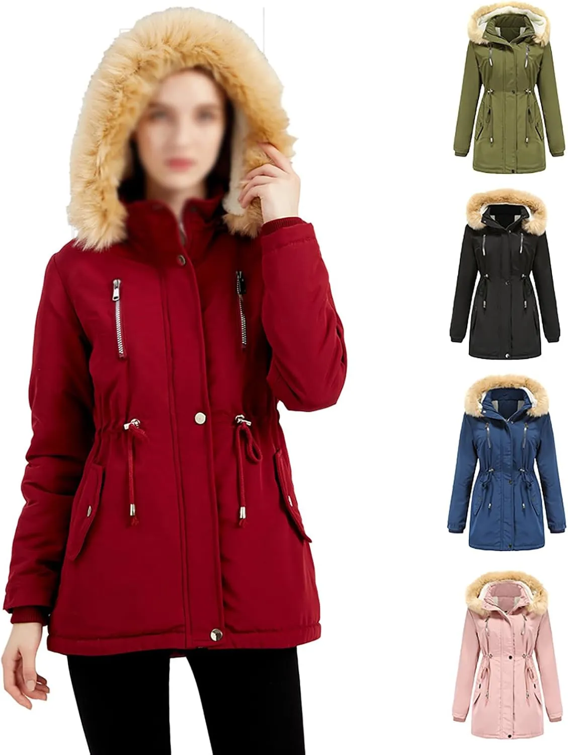 Women's Thicken Fur Lined Warm Winter Coat,Fashion Removable Hood Plus Size Mid Length Jackets Coat with Pockets