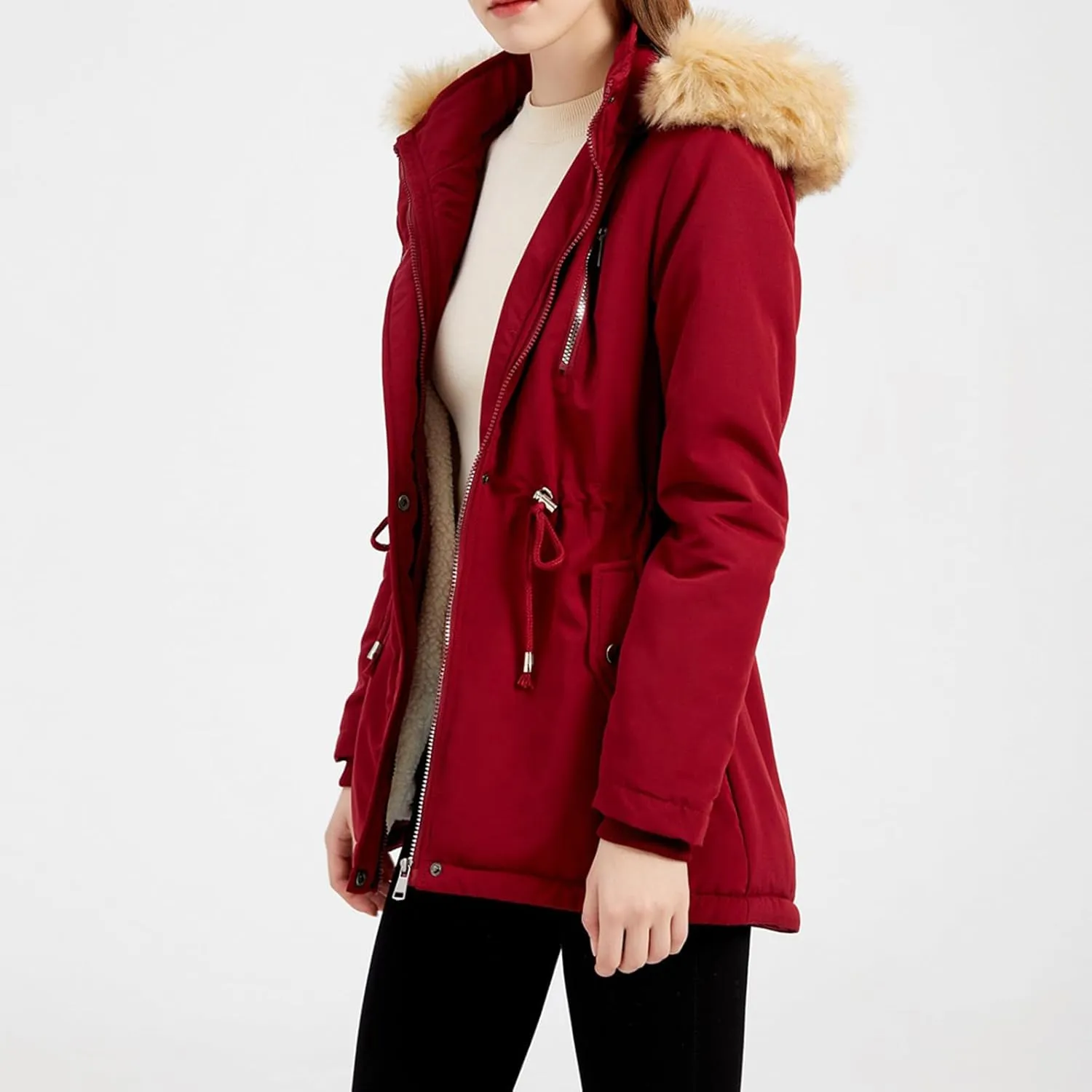 Women's Thicken Fur Lined Warm Winter Coat,Fashion Removable Hood Plus Size Mid Length Jackets Coat with Pockets