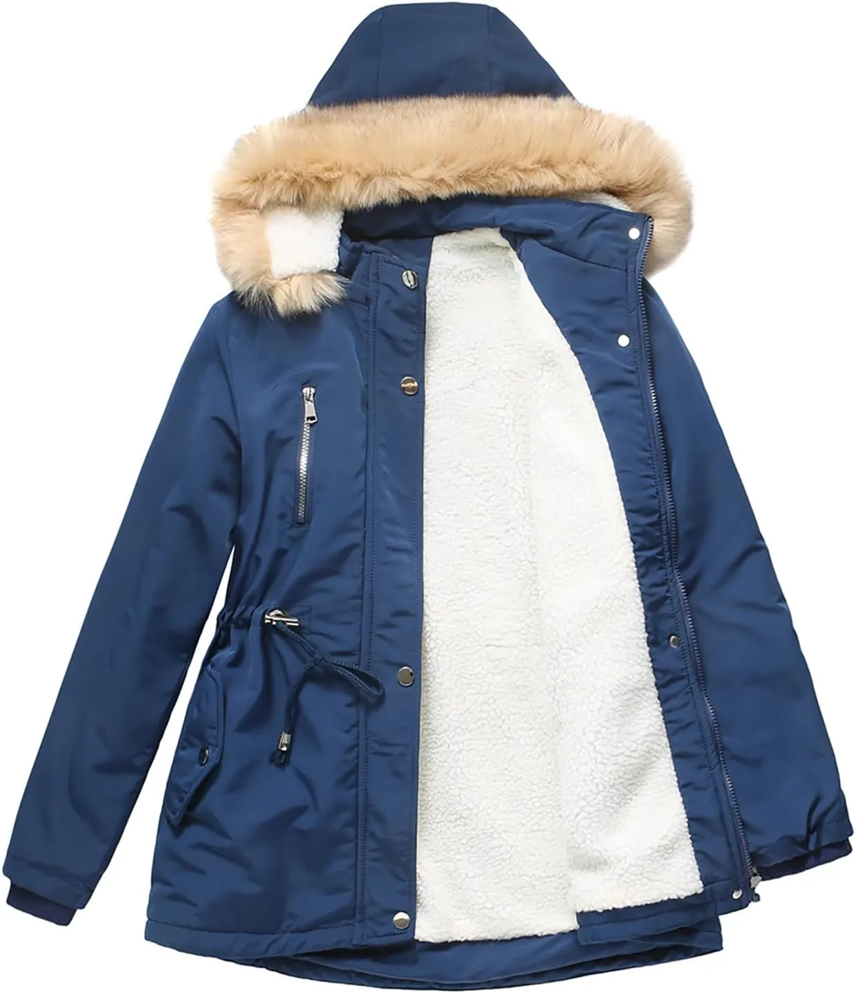Women's Thicken Fur Lined Warm Winter Coat,Fashion Removable Hood Plus Size Mid Length Jackets Coat with Pockets