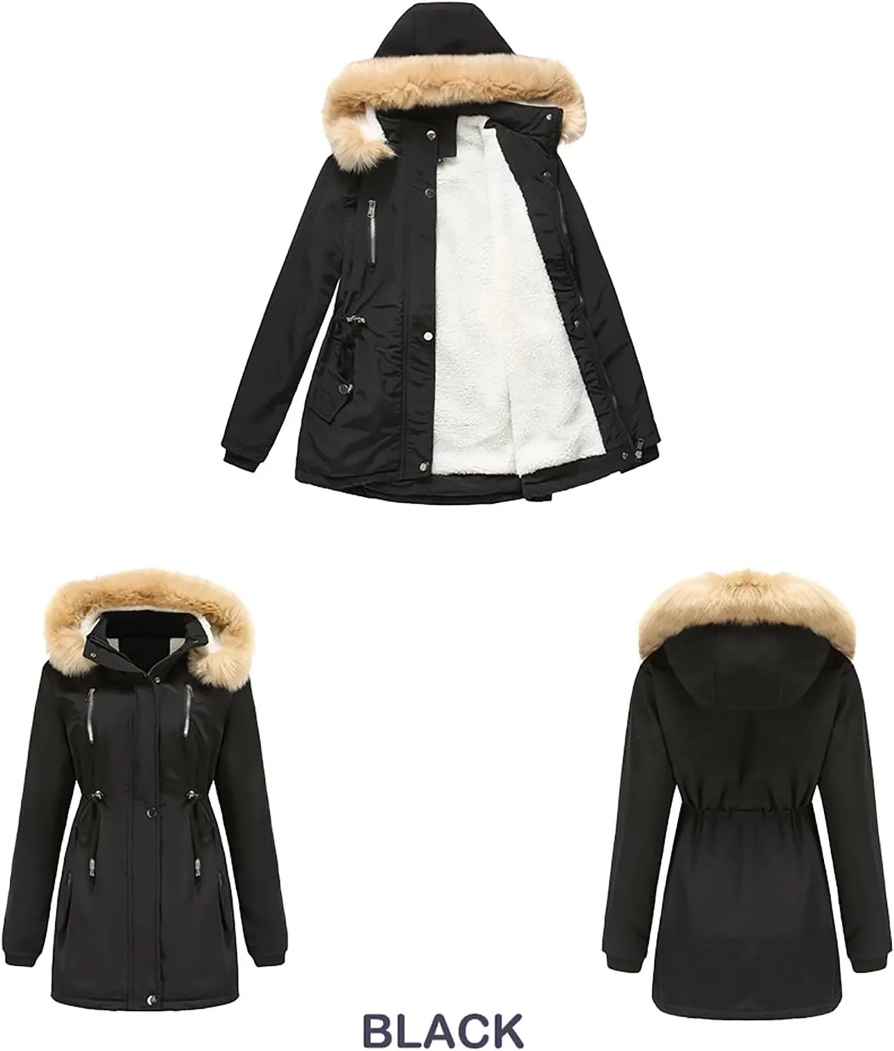 Women's Thicken Fur Lined Warm Winter Coat,Fashion Removable Hood Plus Size Mid Length Jackets Coat with Pockets