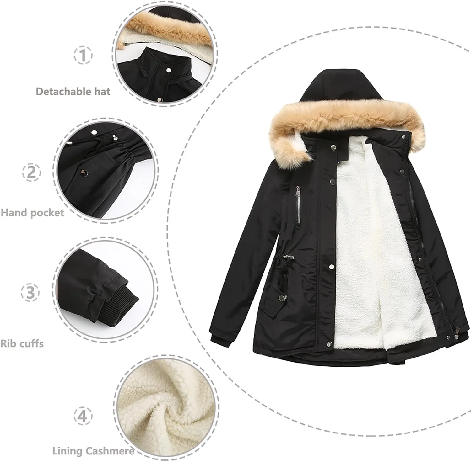 Women's Thicken Fur Lined Warm Winter Coat,Fashion Removable Hood Plus Size Mid Length Jackets Coat with Pockets