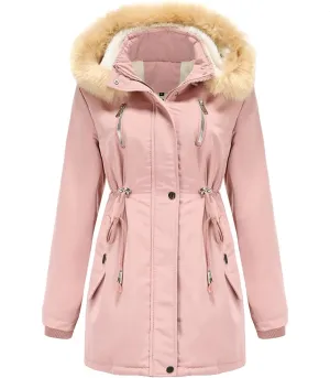 Women's Thicken Fur Lined Warm Winter Coat,Fashion Removable Hood Plus Size Mid Length Jackets Coat with Pockets