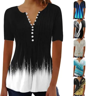 Womens Tops Dressy Casual 2023 Fashion Floral Print Tunic Plus Size Short Sleeve v Neck Henley Shirts
