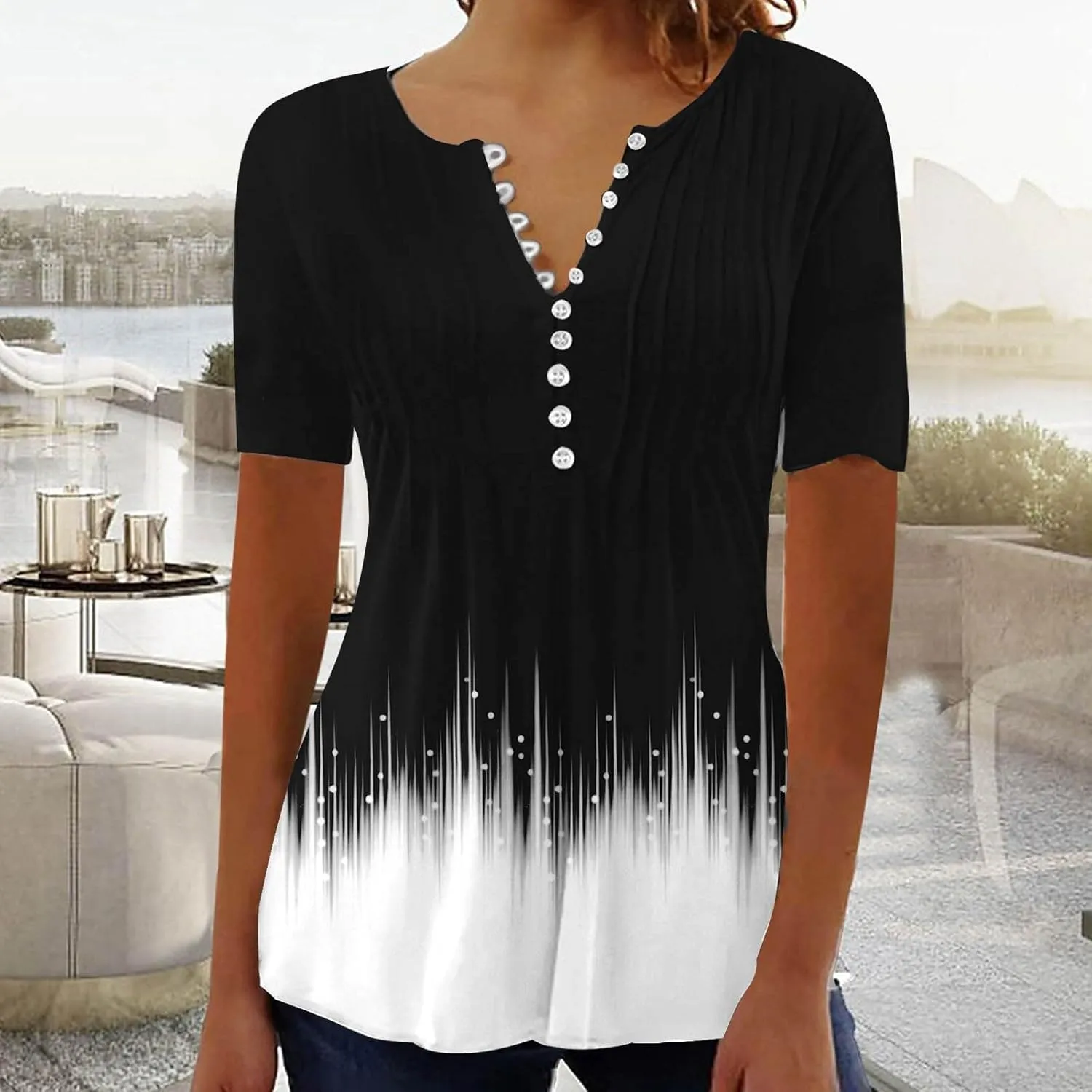 Womens Tops Dressy Casual 2023 Fashion Floral Print Tunic Plus Size Short Sleeve v Neck Henley Shirts
