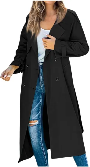 Women's Trench Coat Double Breasted Long Trench Coat Spring Fall Windproof Classic Lapel Overcoat with Belt