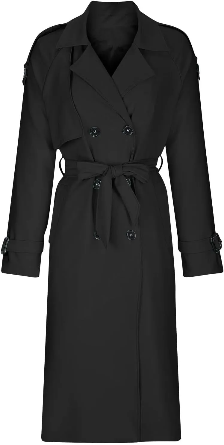 Women's Trench Coat Double Breasted Long Trench Coat Spring Fall Windproof Classic Lapel Overcoat with Belt
