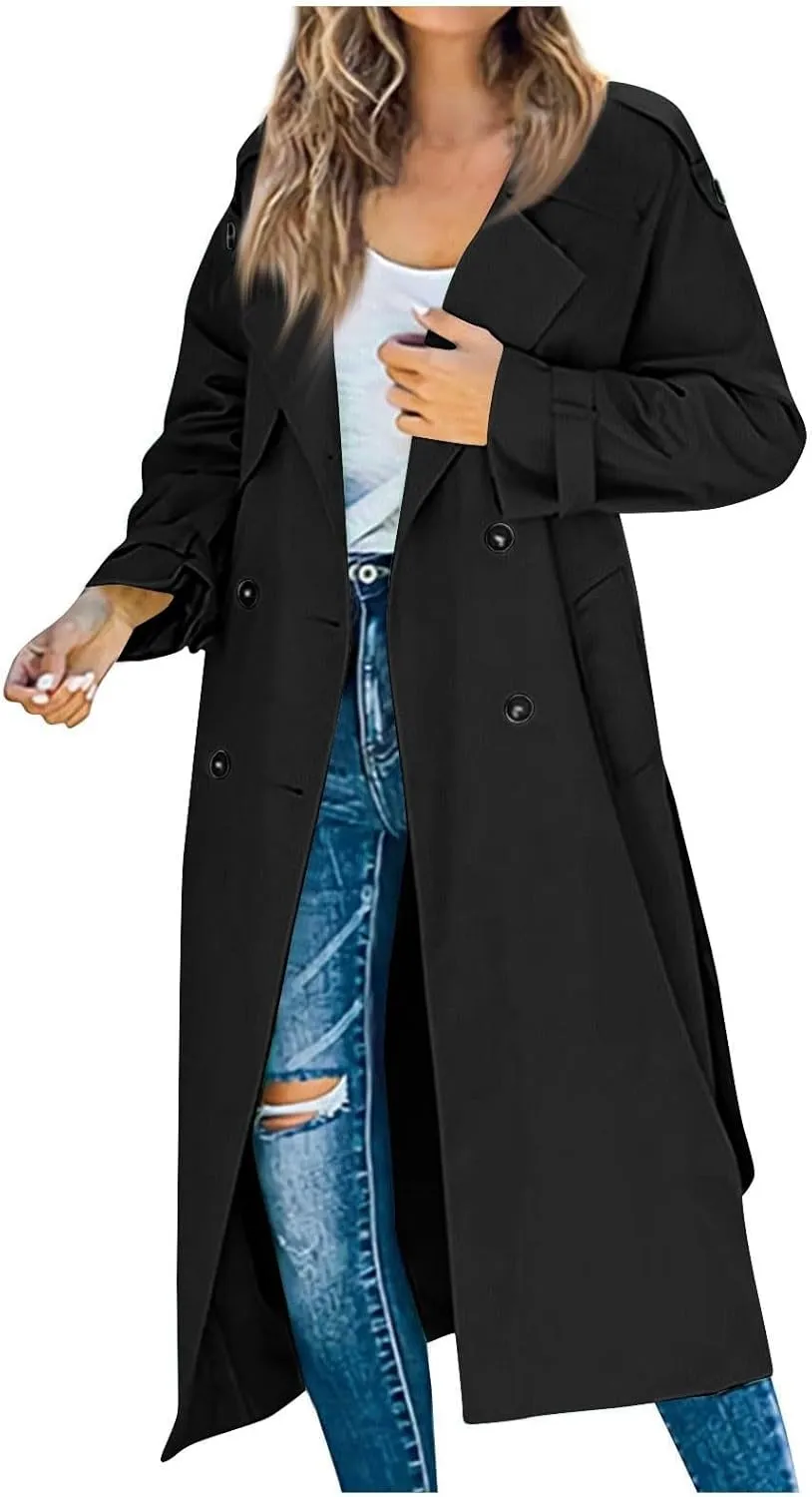 Women's Trench Coat Double Breasted Long Trench Coat Spring Fall Windproof Classic Lapel Overcoat with Belt
