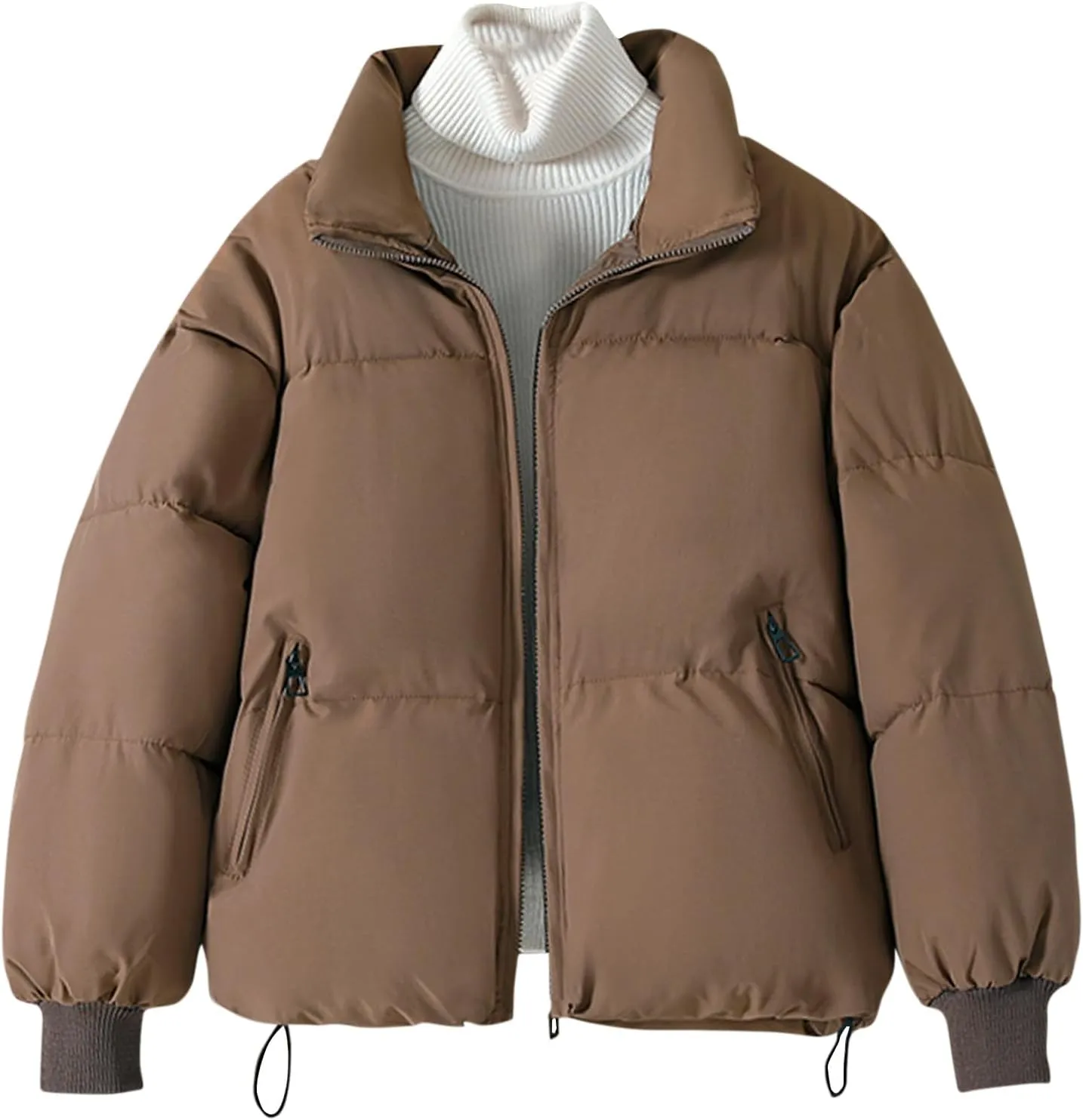 Women's Trendy Puffer Jacket Zipper Long Sleeve Thicken Warm Loose Casual Down Coat Cardigan Lapel Short Bread Jacket