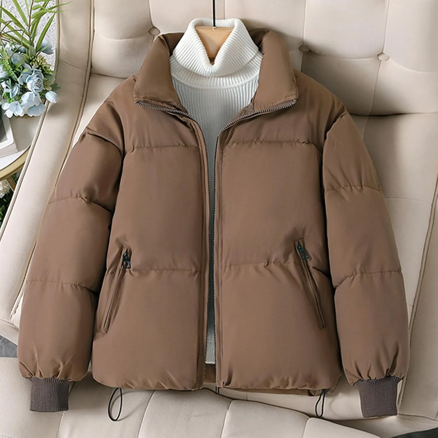 Women's Trendy Puffer Jacket Zipper Long Sleeve Thicken Warm Loose Casual Down Coat Cardigan Lapel Short Bread Jacket