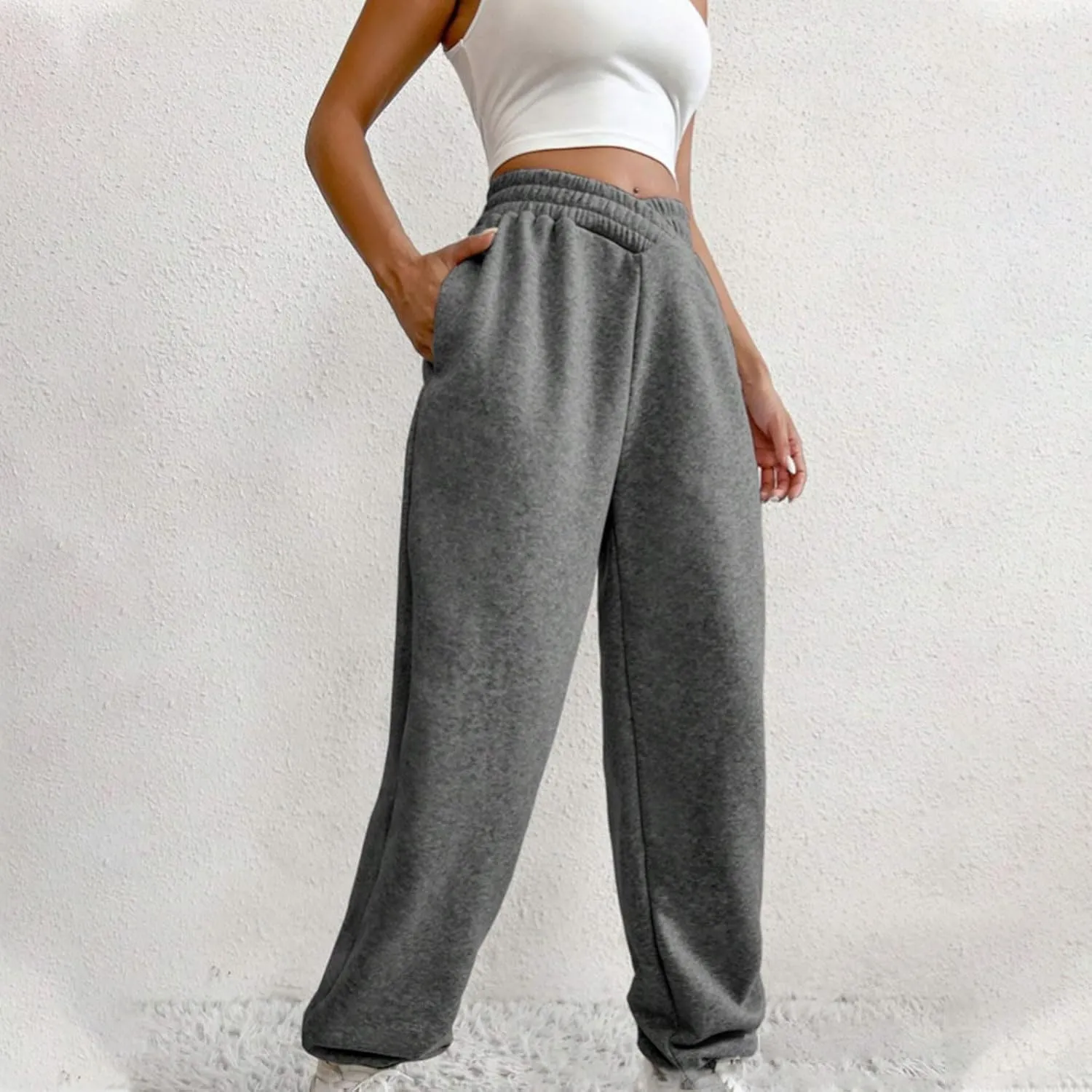 Women's Trendy Trousers Solid Color High Elastic Waist Cuffed Slant Sweatpants Athletic Sports Joggers Casual Bottom