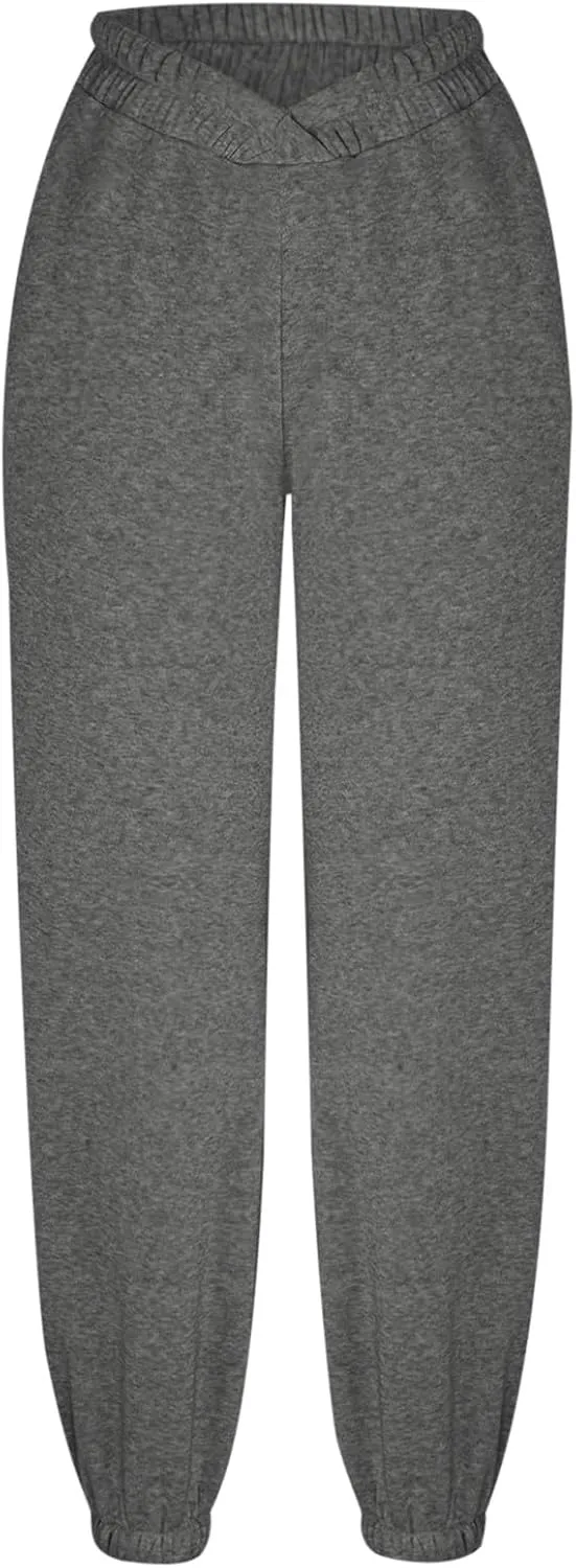 Women's Trendy Trousers Solid Color High Elastic Waist Cuffed Slant Sweatpants Athletic Sports Joggers Casual Bottom
