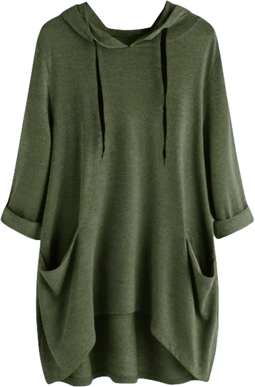 Womens Tunic Tops Lightweight Pullover Hoodies 3/4 Sleeve T Shirts Oversized Hoodies Solid Color Tops with Pockets