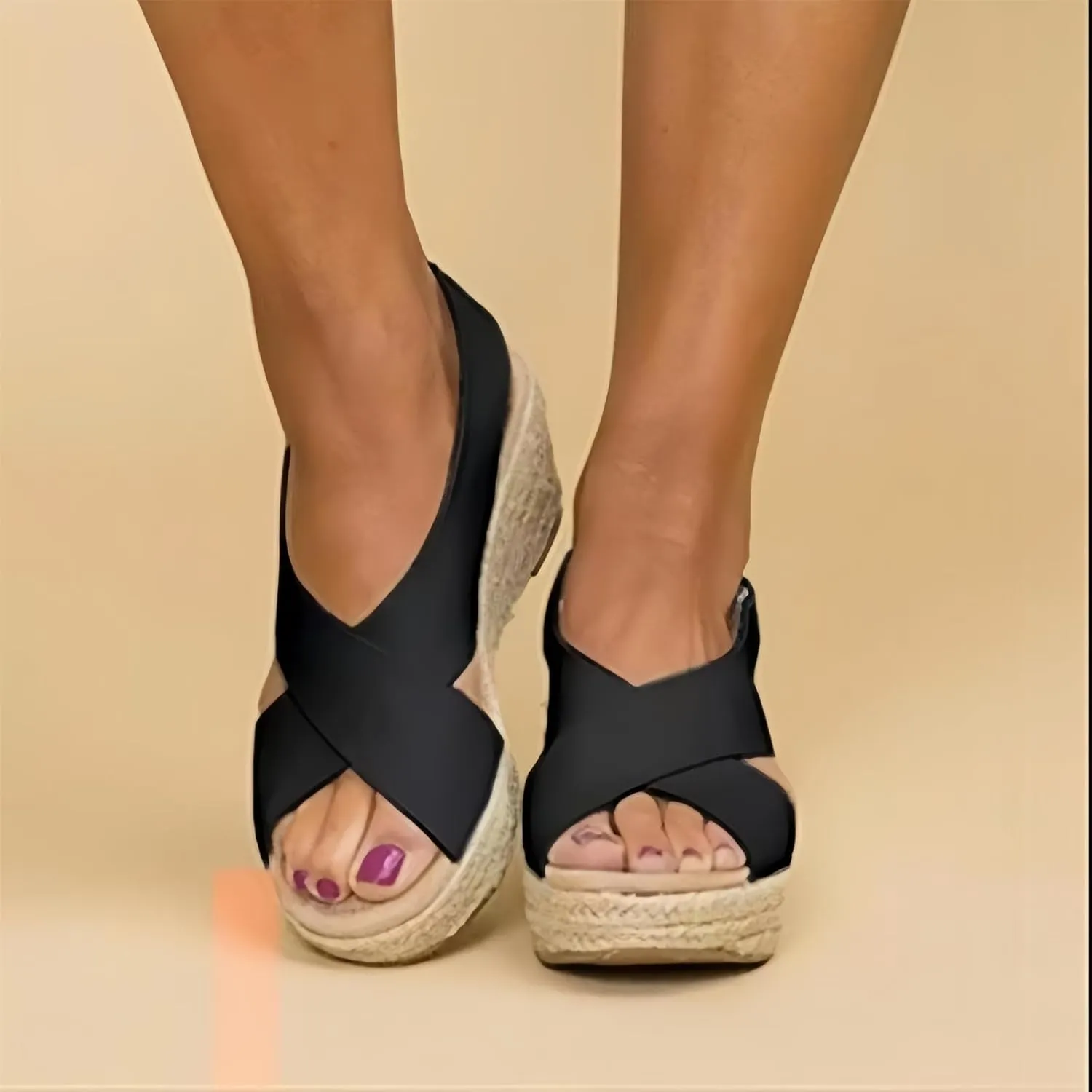 Womens Wedge Platform Sandals Summer Slip On Beach Sandals Open Toe Cross Belt Wedge Sandal Adjustable Back Ankle Strap Concise Casual Summer Shoes