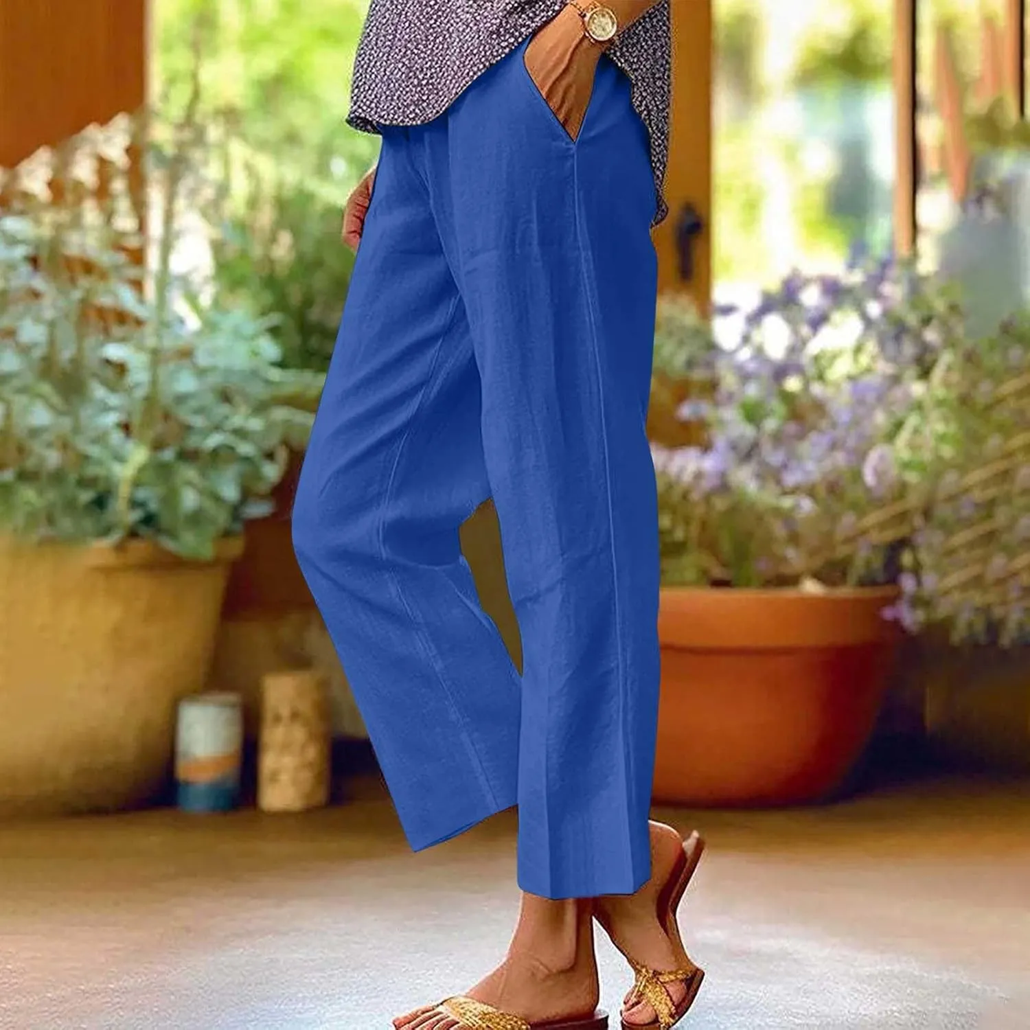 Women's Wide Leg Pants Linen Casual Summer Trendy Workout Relaxed Fit Loose Lounge Yoga Trousers with Pockets Beach