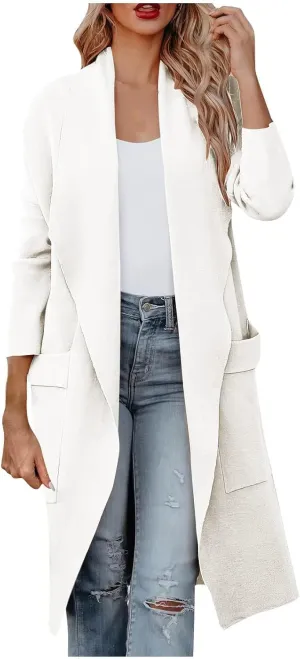 Womens Wool Blend Coat Casual Loose Lapel Open Front Cardigan Oversized Knit Long Sleeve Jacket Winter Overcoat