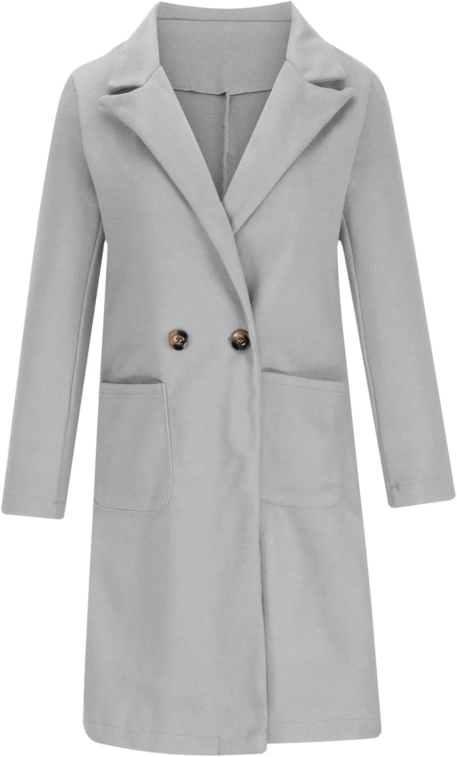 Wool Trench Coat for Women Double Breasted Notched Lapel Peacoat Mid-Long Winter Jackets Overcoats with Pockets
