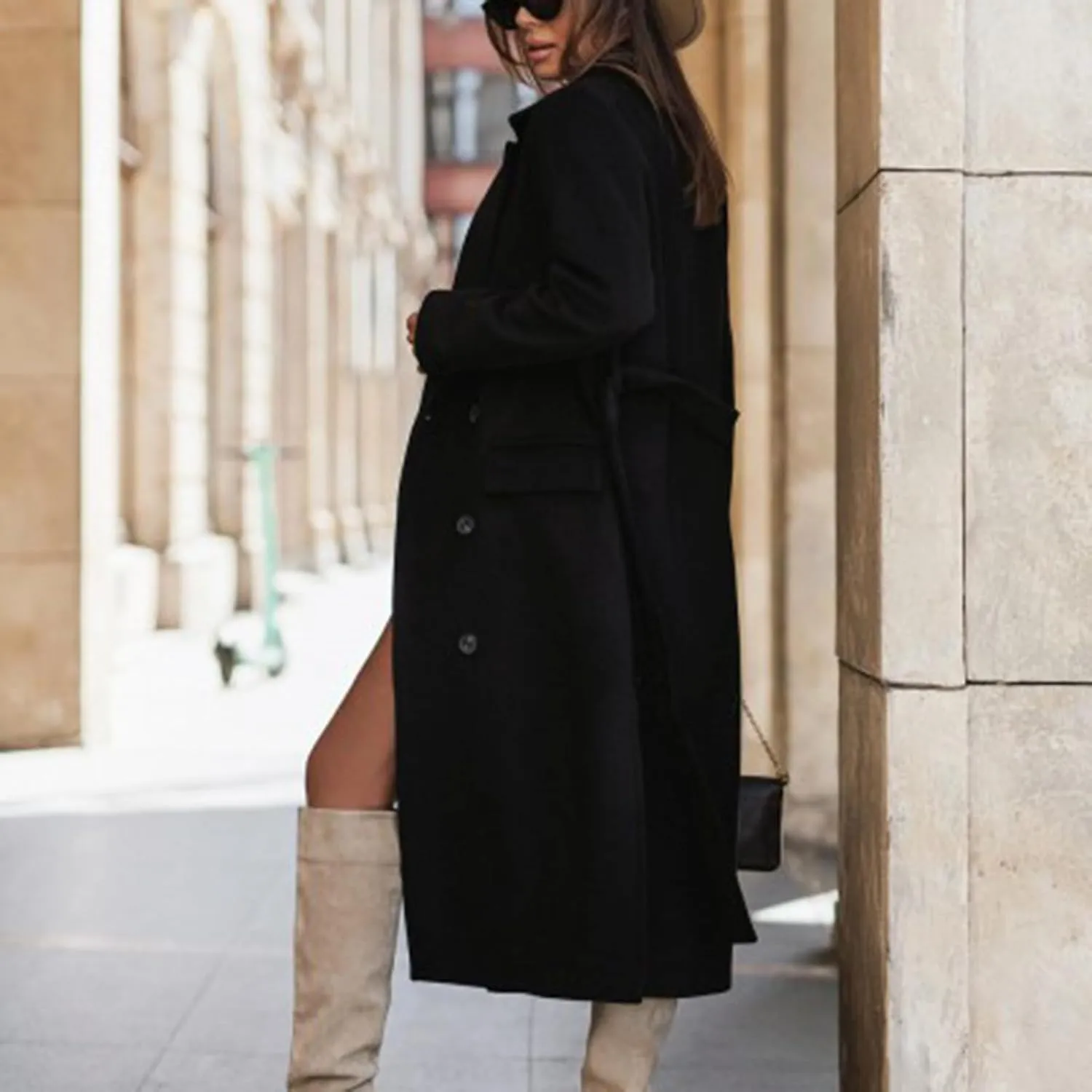 Wool Trench Coat for Women Double Breasted Notched Lapel Peacoat Mid-Long Winter Jackets Overcoats with Pockets