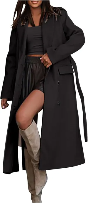 Wool Trench Coat for Women Double Breasted Notched Lapel Peacoat Mid-Long Winter Jackets Overcoats with Pockets