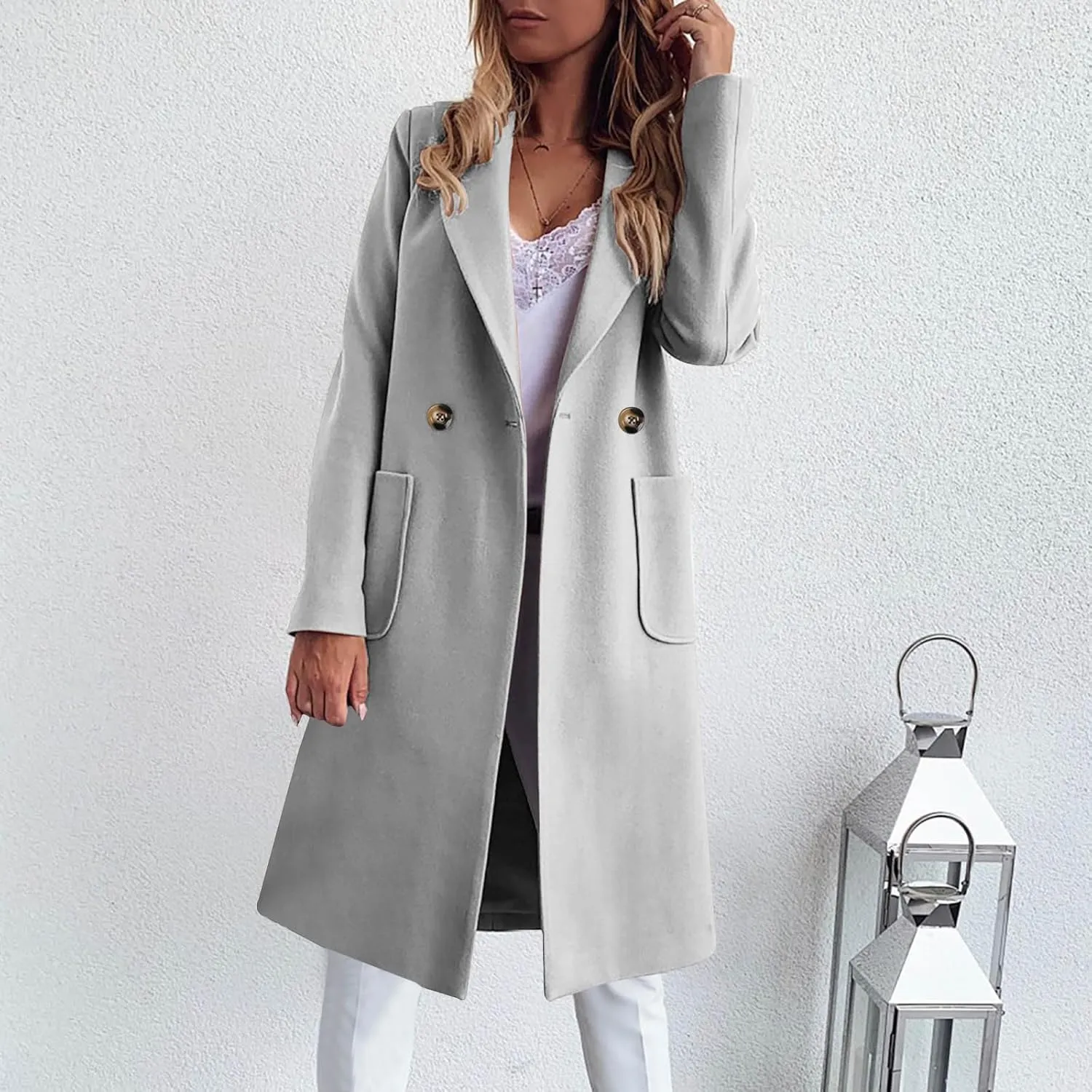 Wool Trench Coat for Women Double Breasted Notched Lapel Peacoat Mid-Long Winter Jackets Overcoats with Pockets
