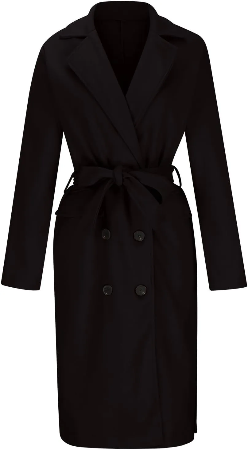 Wool Trench Coat for Women Double Breasted Notched Lapel Peacoat Mid-Long Winter Jackets Overcoats with Pockets