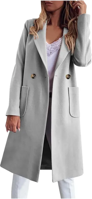 Wool Trench Coat for Women Double Breasted Notched Lapel Peacoat Mid-Long Winter Jackets Overcoats with Pockets