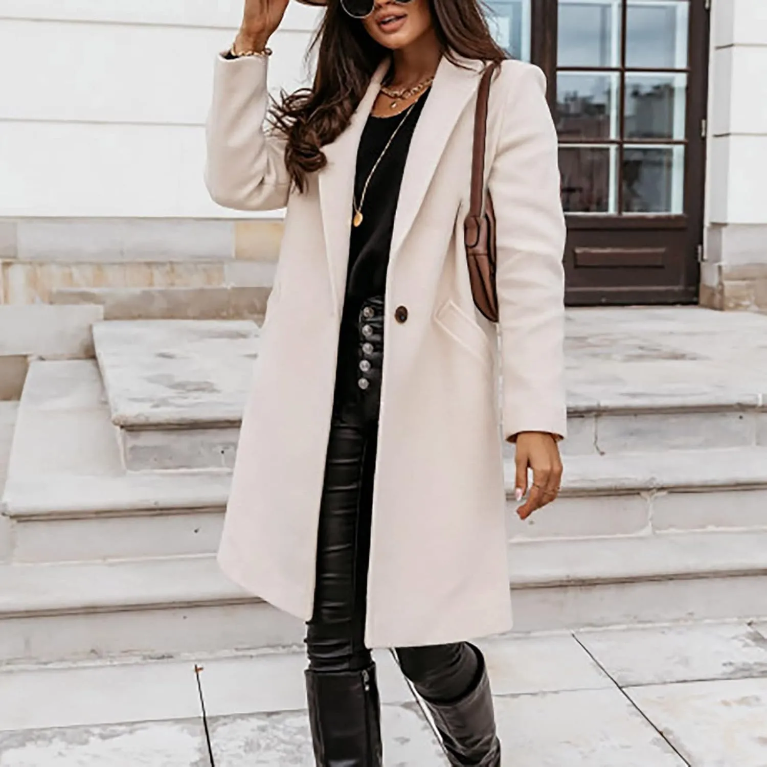 Wool Trench Coat for Women Double Breasted Notched Lapel Peacoat Mid-Long Winter Jackets Overcoats with Pockets