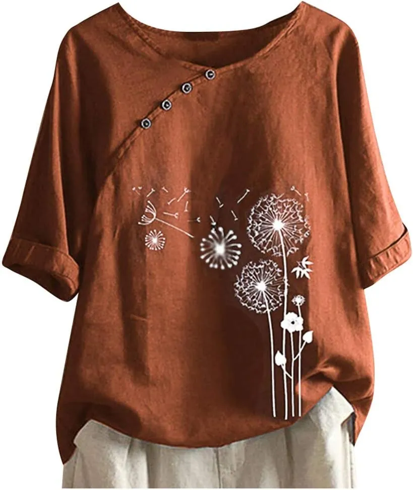 Workout Tops for Women Plus Size Oversized Crew Neck Linen Tops for Women Short Sleeve Cotton Blend Tee Shirts