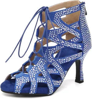 YKXLM Latin Dance Boots Salsa Bachata Ankle Open Toe Rhinestone Practice Performance Dancer Shoes Women