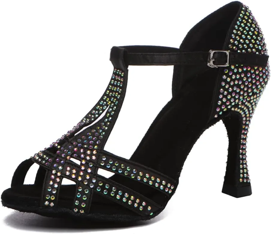 YKXLM Rhinestones Ballroom Dance Shoes Women Latin Salsa Dance Shoes T-Strap,Model L431