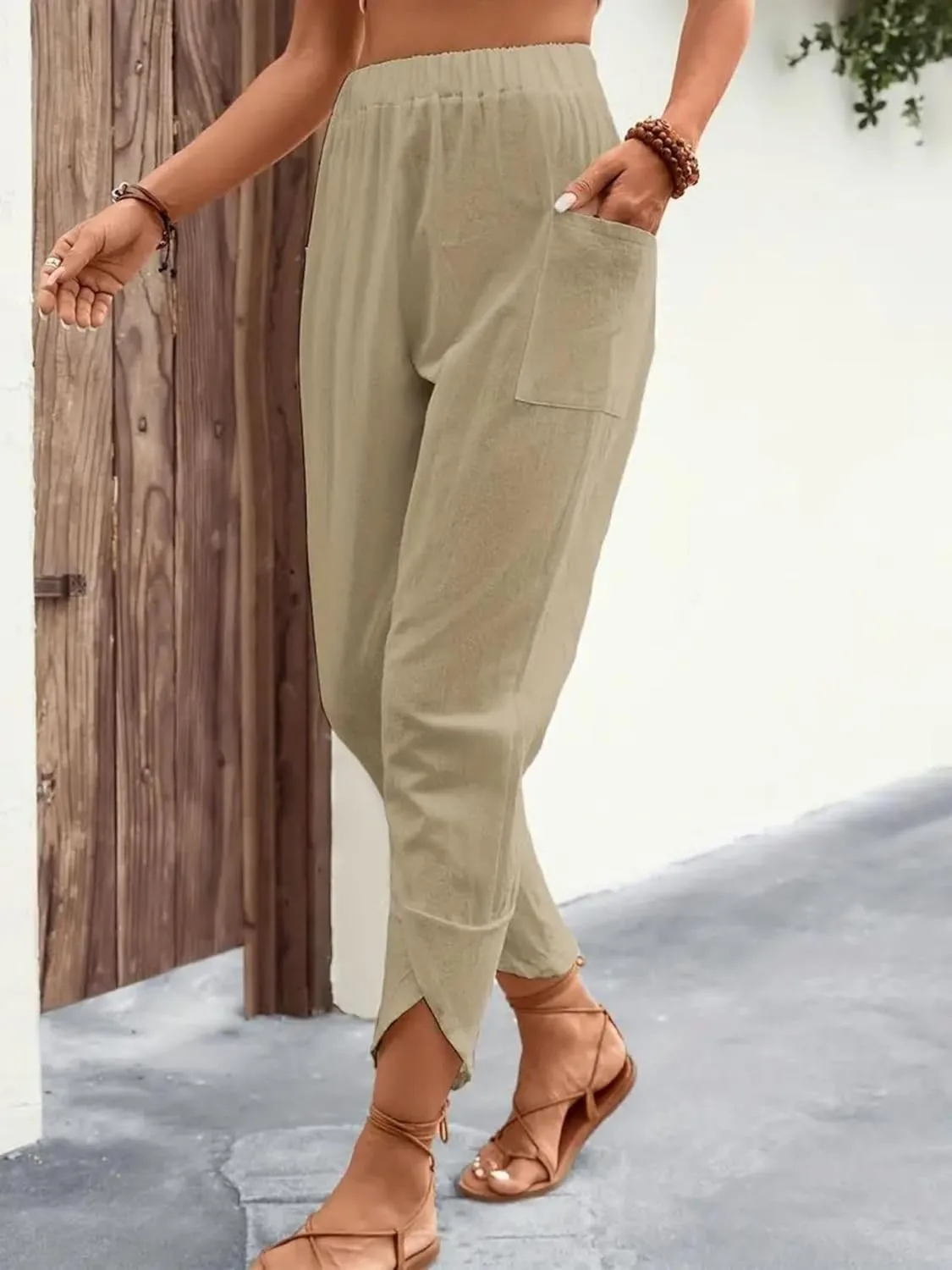 ZWRXW Womens Linen Pants Casual Loose Wide Leg Lounge Pants Elastic High Waist Beach Trousers Ankle Length Pants with Pockets