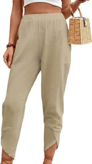 ZWRXW Womens Linen Pants Casual Loose Wide Leg Lounge Pants Elastic High Waist Beach Trousers Ankle Length Pants with Pockets