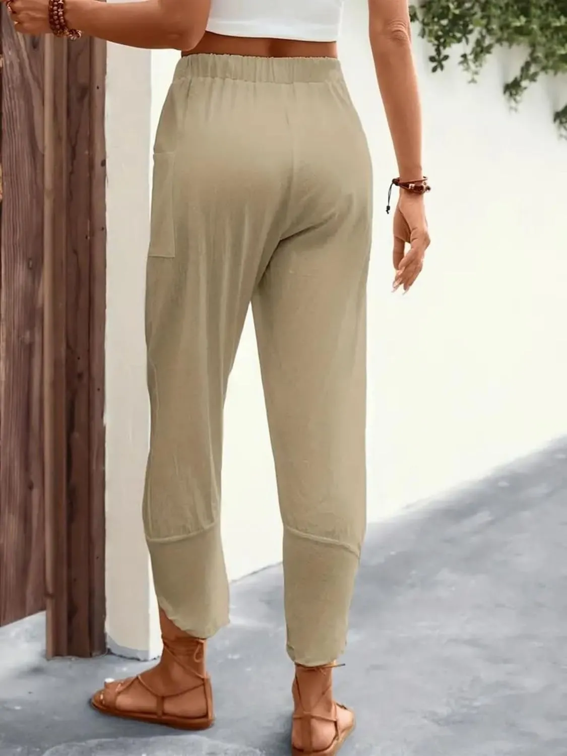 ZWRXW Womens Linen Pants Casual Loose Wide Leg Lounge Pants Elastic High Waist Beach Trousers Ankle Length Pants with Pockets