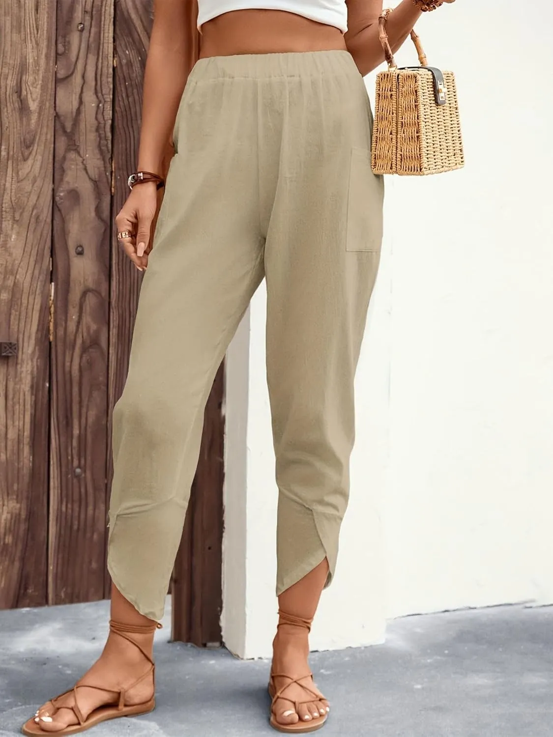 ZWRXW Womens Linen Pants Casual Loose Wide Leg Lounge Pants Elastic High Waist Beach Trousers Ankle Length Pants with Pockets