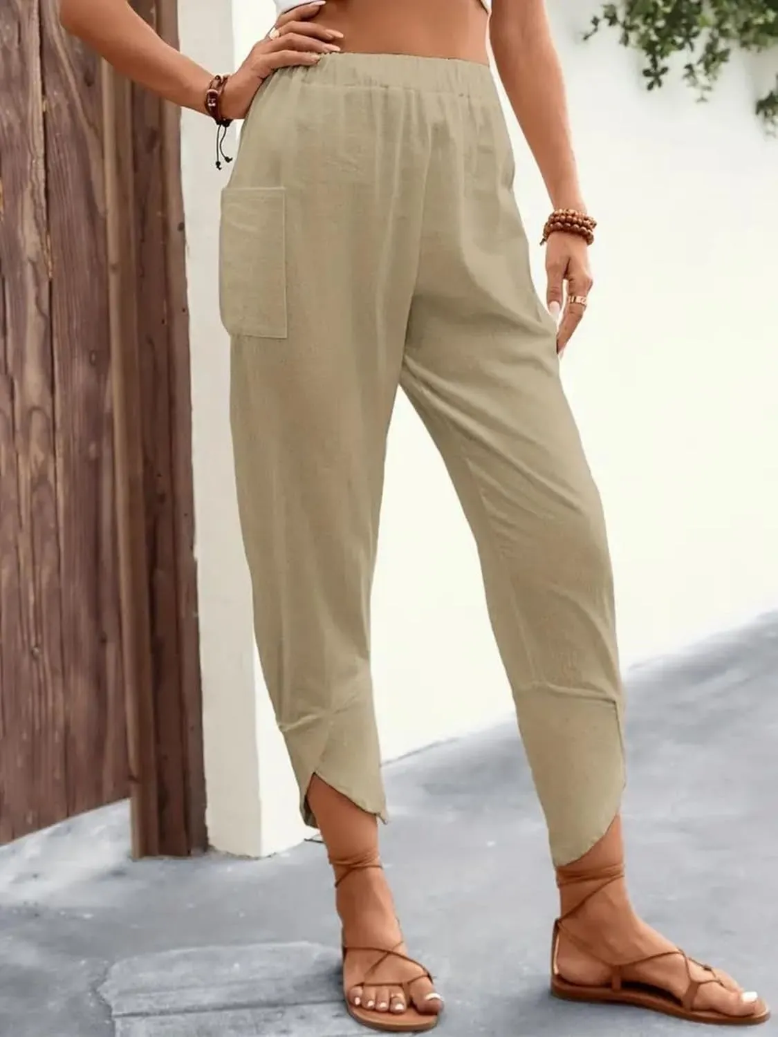 ZWRXW Womens Linen Pants Casual Loose Wide Leg Lounge Pants Elastic High Waist Beach Trousers Ankle Length Pants with Pockets