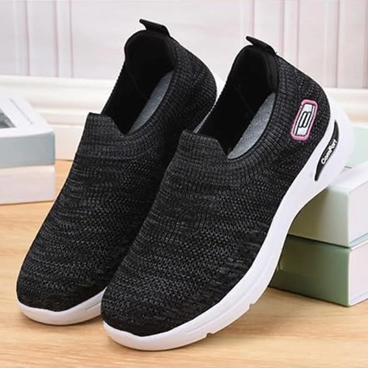 ZWRXW Womens Walking Shoes Orthopedic Slip On Air Cushion Platform Shoes Mesh Up Woven Sock Casual Ladies Fashion Sneakers Lightweight Comfortable Arch Support Sneaker with Arch Support