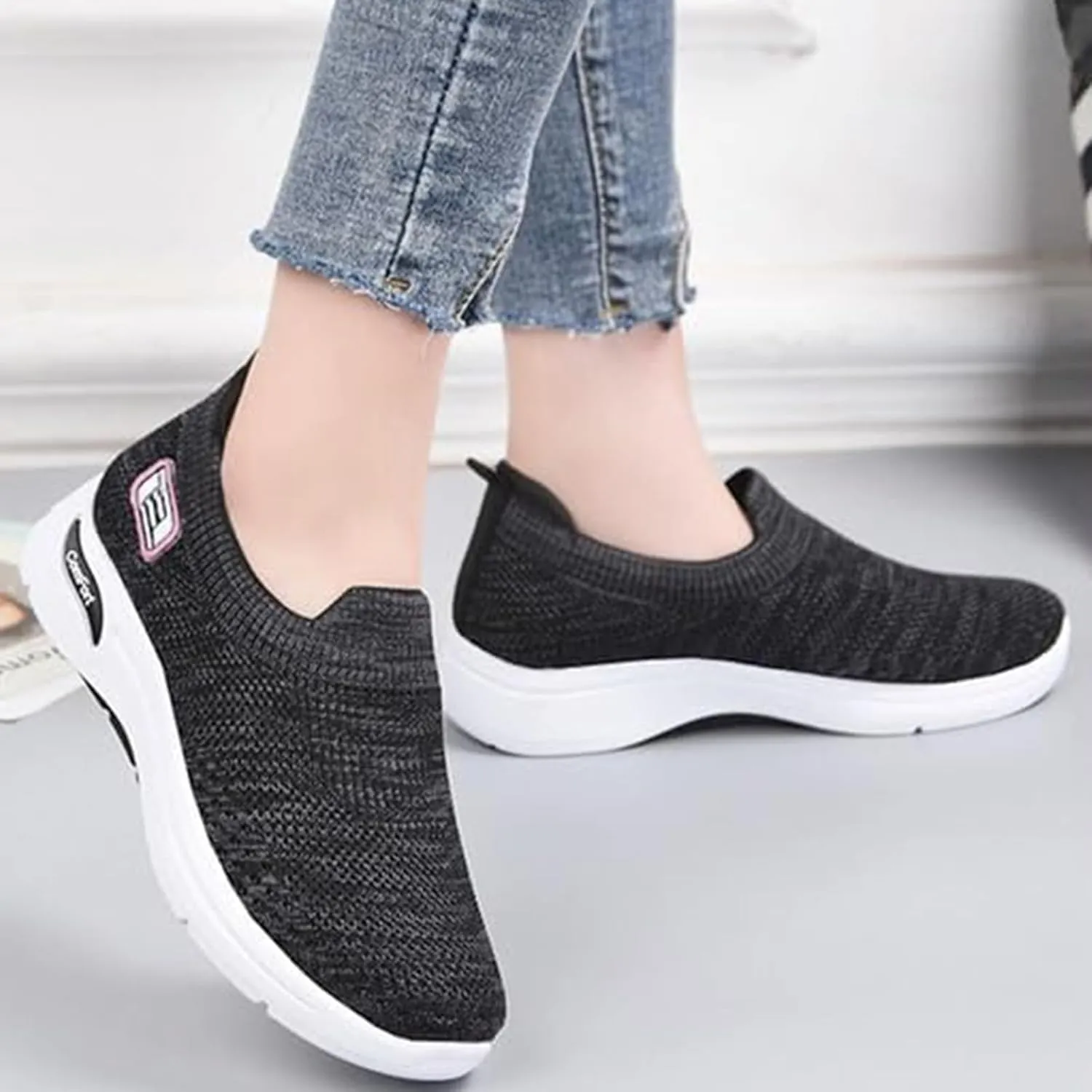 ZWRXW Womens Walking Shoes Orthopedic Slip On Air Cushion Platform Shoes Mesh Up Woven Sock Casual Ladies Fashion Sneakers Lightweight Comfortable Arch Support Sneaker with Arch Support